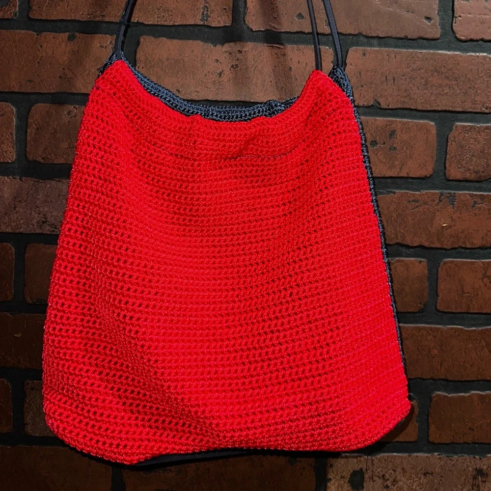 Navy Star Patterned Knitted Tote Bag